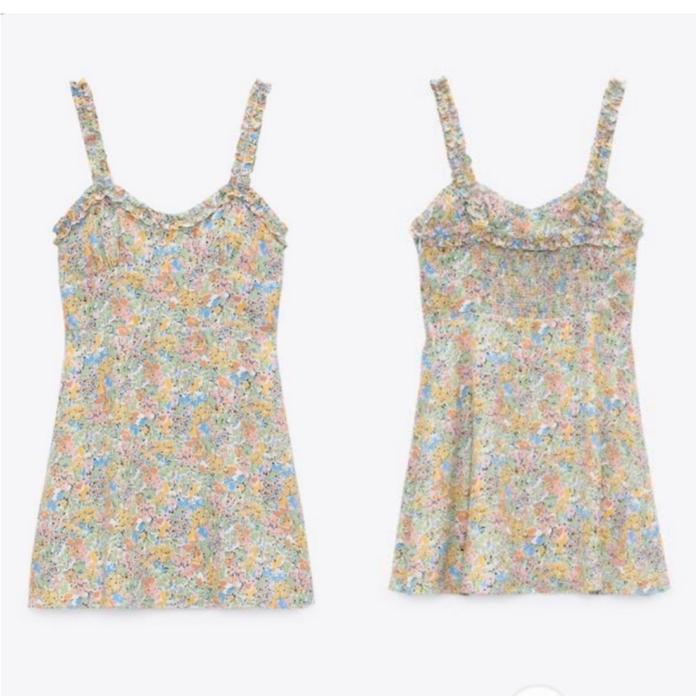 Zara Cotton Ruffle Neckline Floral Smocked Back Minidress M